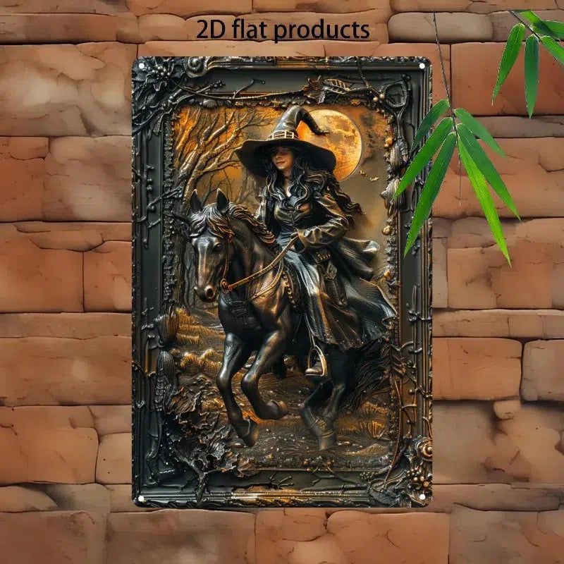 Vintage Witch Riding Horse Metal Sign Witchy Wall Sign-MoonChildWorld
