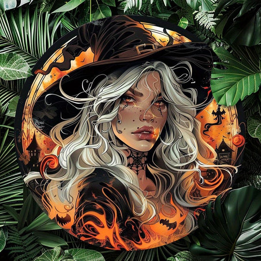 Vintage Witch Wall Sign Witch & Flames Decorative Metal Plaque for Halloween-MoonChildWorld