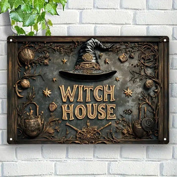 Vintage Witch's House Metal Sign Witch Wall Decor Halloween Welcome Sign-MoonChildWorld
