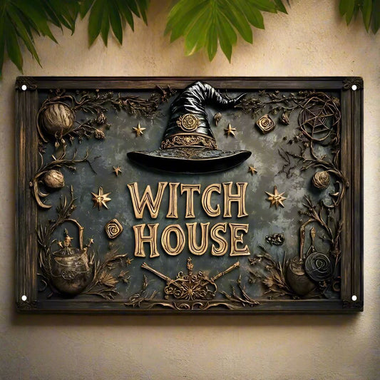 Vintage Witch's House Metal Sign Witch Wall Decor Halloween Welcome Sign-MoonChildWorld