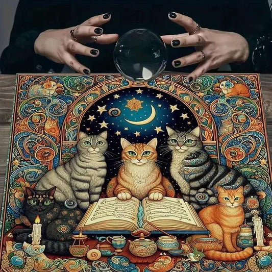 Vintage Witchy Cats Tarot Mat Celestial Book Of Shadows Divination Cloth For Spiritual Rituals-MoonChildWorld