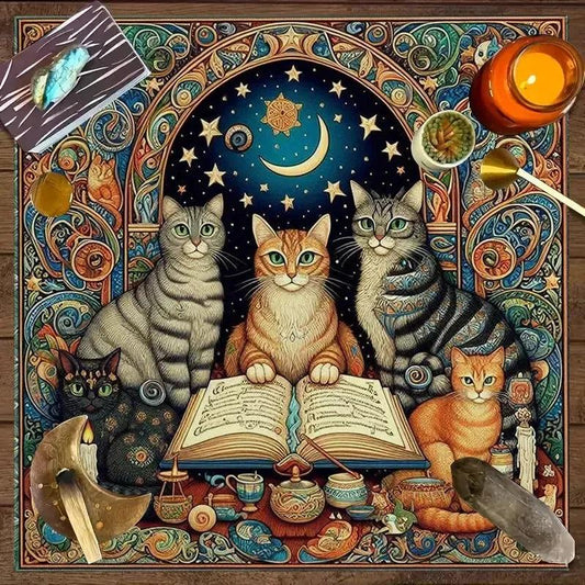 Vintage Witchy Cats Tarot Mat Celestial Book Of Shadows Divination Cloth For Spiritual Rituals-MoonChildWorld