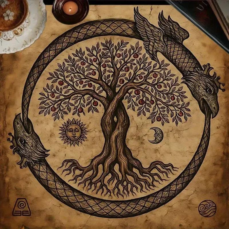 Vintage Yggdrasil Sun Moon Tree of Life Pagan Altar Cloth - Witchcraft