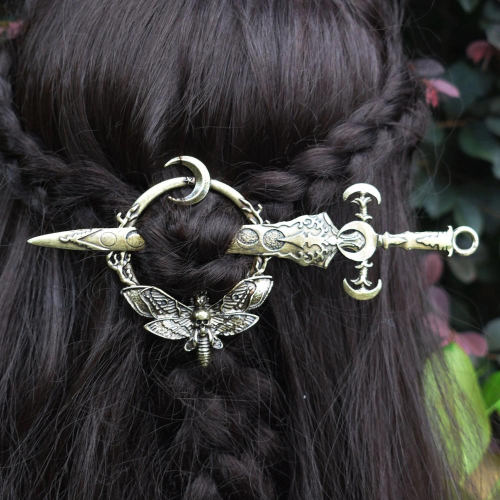Vintage moon moth hair barrette with insects and sword - Wicca Pagan hair Accessories-MoonChildWorld