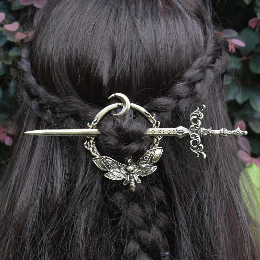 Vintage moon moth hair barrette with insects and sword - Wicca Pagan hair Accessories-MoonChildWorld
