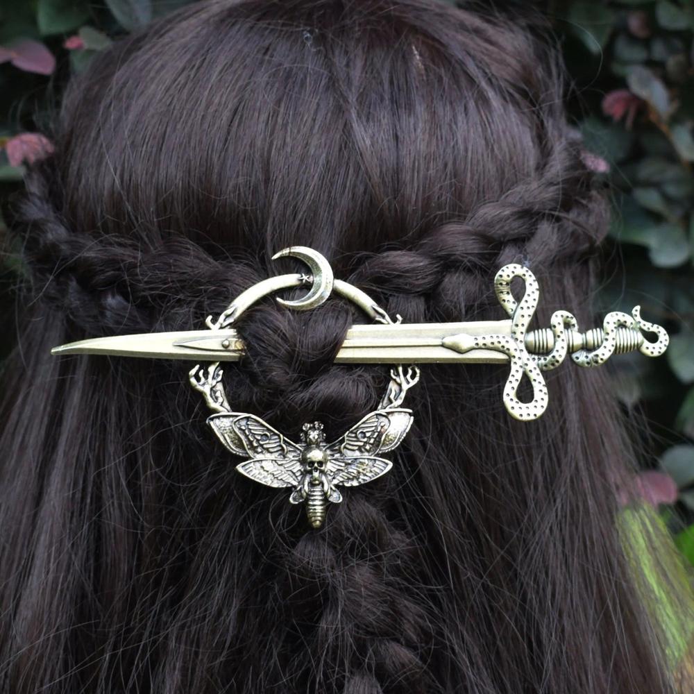 Vintage moon moth hair barrette with insects and sword - Wicca Pagan hair Accessories-MoonChildWorld