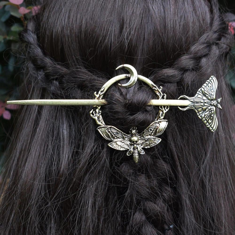 Vintage moon moth hair barrette with insects and sword - Wicca Pagan hair Accessories-MoonChildWorld