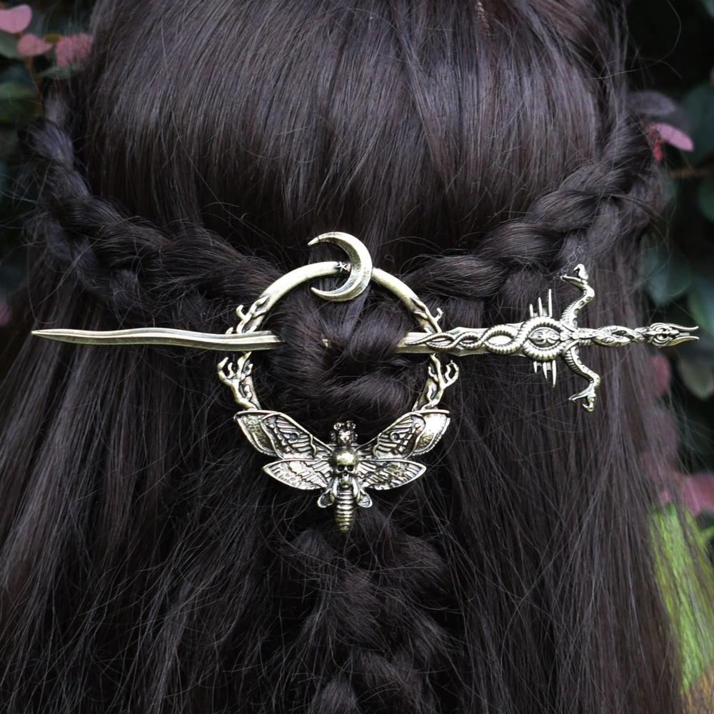 Vintage moon moth hair barrette with insects and sword - Wicca Pagan hair Accessories-MoonChildWorld