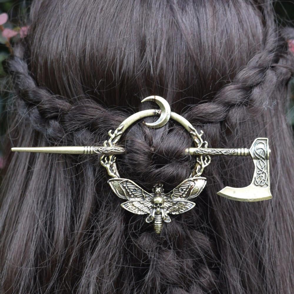 Vintage moon moth hair barrette with insects and sword - Wicca Pagan hair Accessories-MoonChildWorld