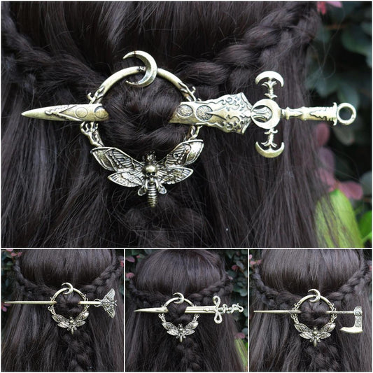 Vintage moon moth hair barrette with insects and sword - Wicca Pagan hair Accessories-MoonChildWorld