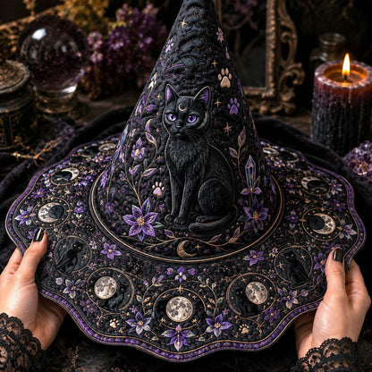 Violet Cat Witch Hat – Celestial Moon Phase Wiccan Wide Brim Hat – quilting and print detail