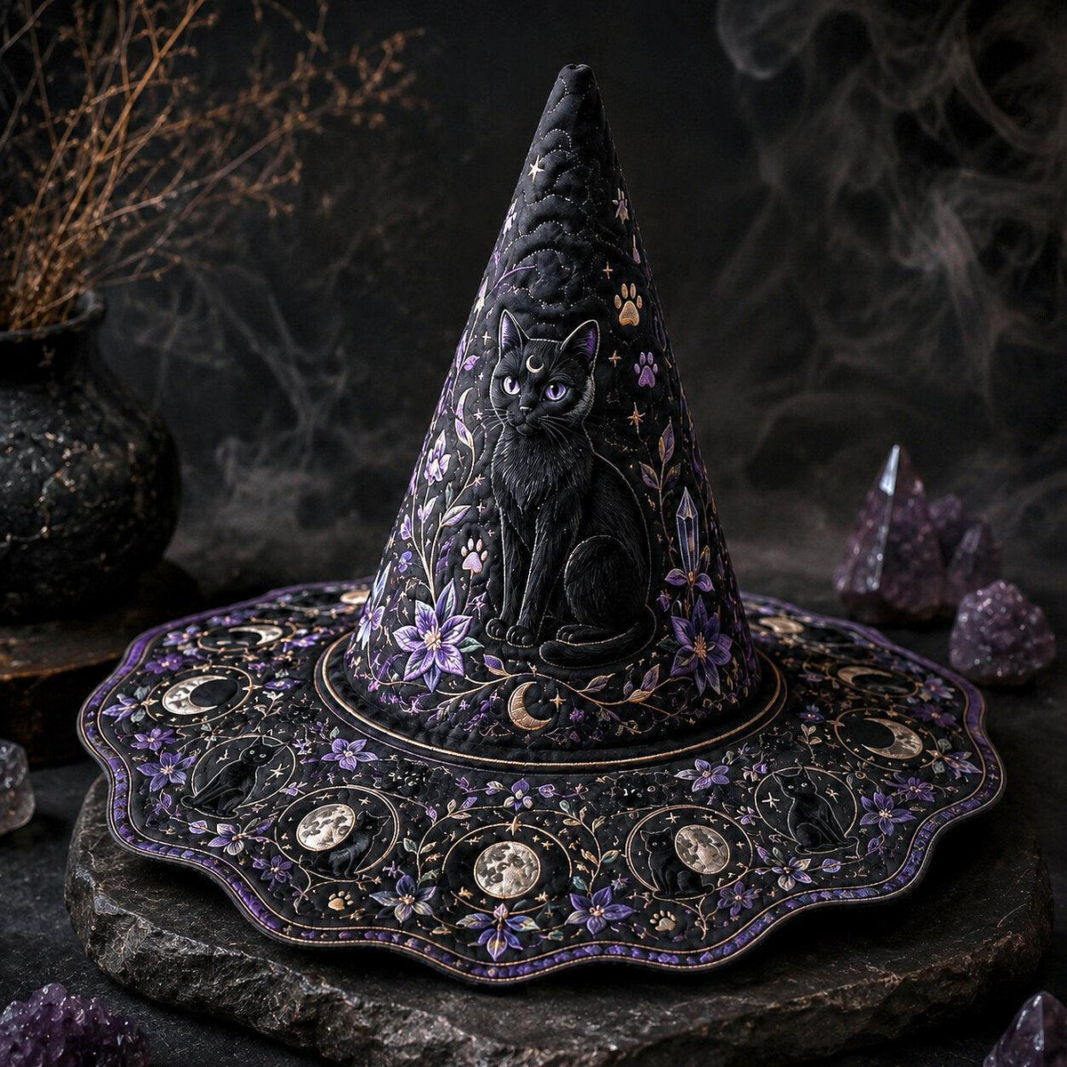 Violet Cat Witch Hat – Celestial Moon Phase Wiccan Wide Brim Hat – held in both hands