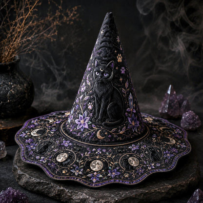 Violet Cat Witch Hat – Celestial Moon Phase Wiccan Wide Brim Hat – held in both hands