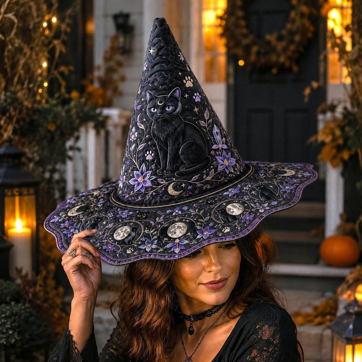Violet Cat Witch Hat – Celestial Moon Phase Wiccan Wide Brim Hat – worn, front view
