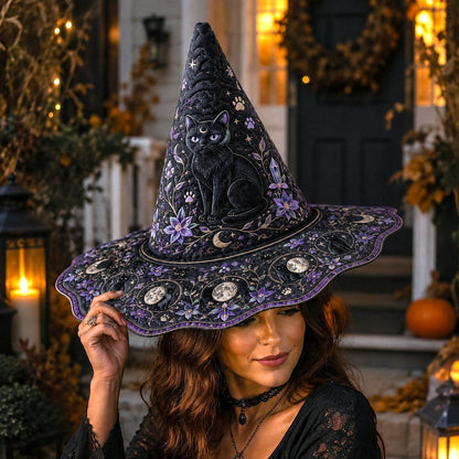 Violet Cat Witch Hat – Celestial Moon Phase Wiccan Wide Brim Hat – worn, front view