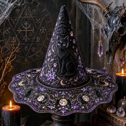 Violet Cat Witch Hat – Celestial Moon Phase Wiccan Wide Brim Hat – on an altar table
