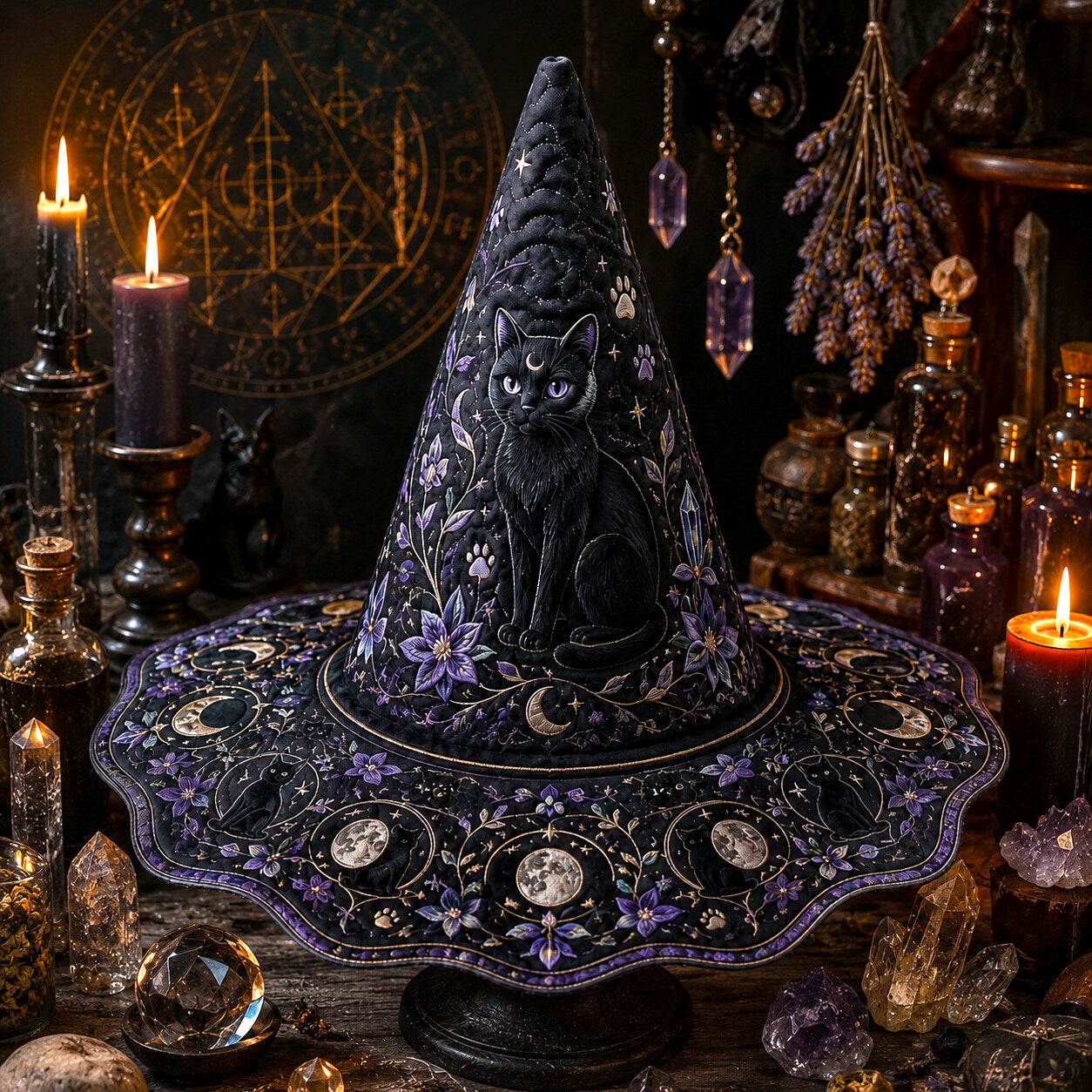 Violet Cat Witch Hat – Celestial Moon Phase Wiccan Wide Brim Hat – styled with candles and crystals