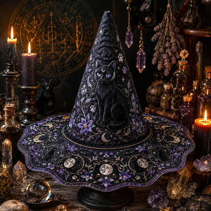 Violet Cat Witch Hat – Celestial Moon Phase Wiccan Wide Brim Hat – styled with candles and crystals
