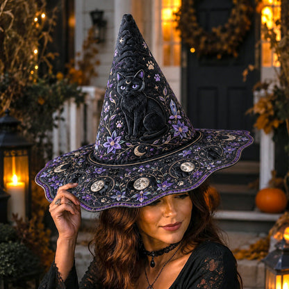Violet Cat Witch Hat – Celestial Moon Phase Wiccan Wide Brim Hat – worn, front view