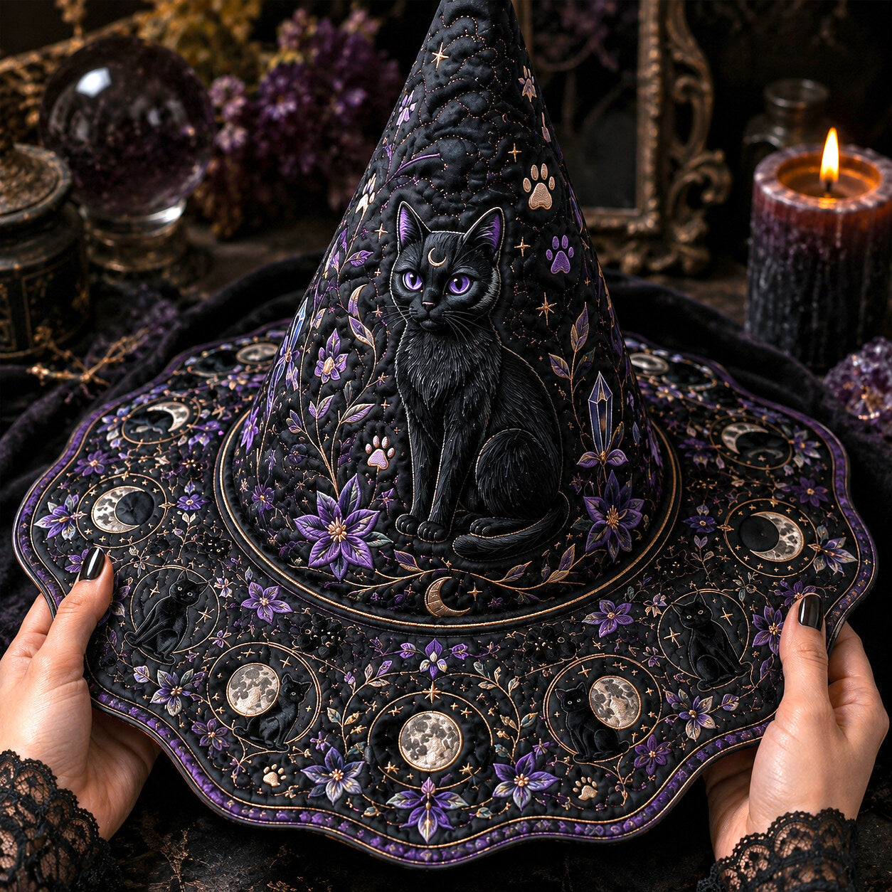 Violet Cat Witch Hat – Celestial Moon Phase Wiccan Wide Brim Hat – quilting and print detail