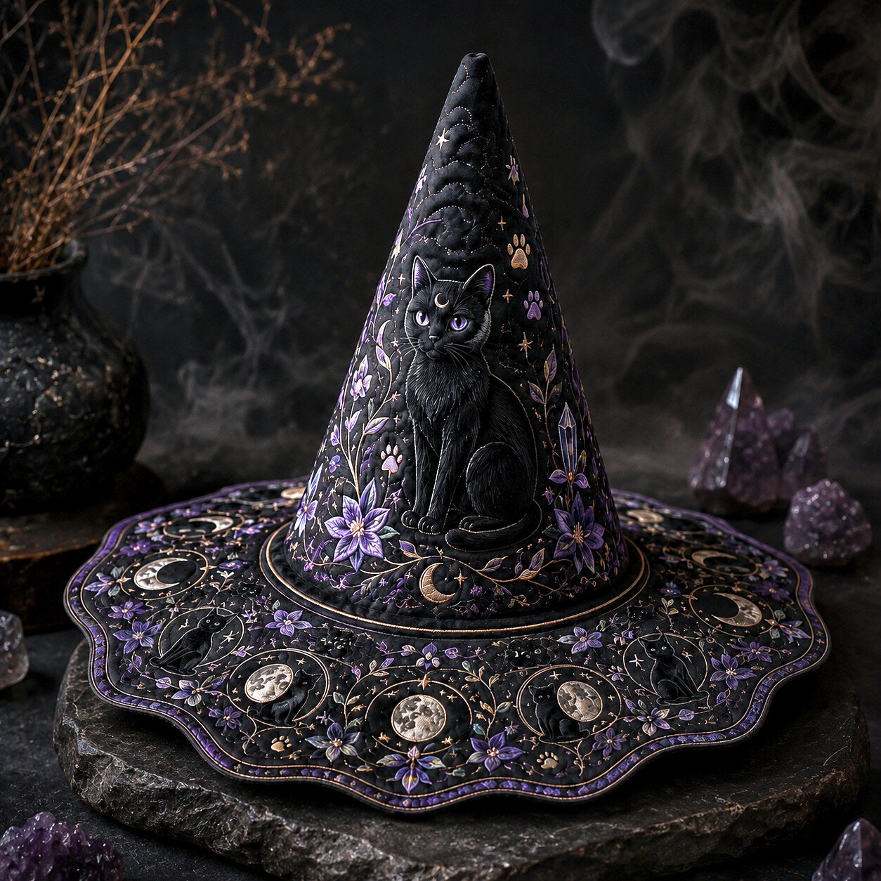 Violet Cat Witch Hat – Celestial Moon Phase Wiccan Wide Brim Hat – held in both hands