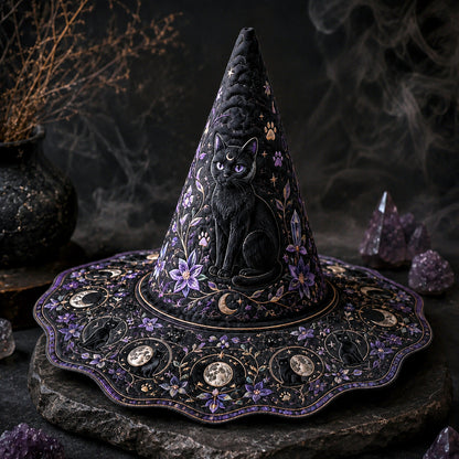 Violet Cat Witch Hat – Celestial Moon Phase Wiccan Wide Brim Hat – held in both hands