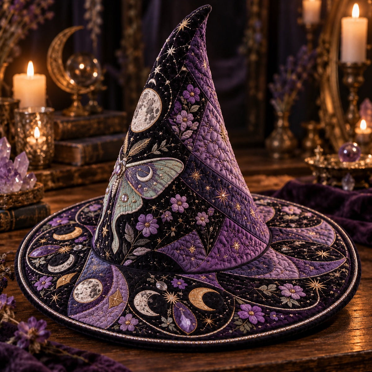 Violet Moth Quilted Witch Hat – Luna Moth Celestial Wide Brim Hat – styled with candles and crystals