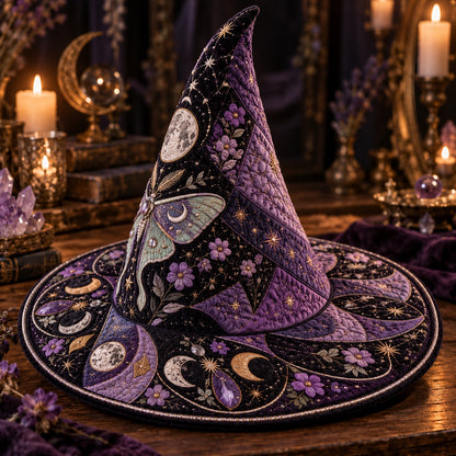 Violet Moth Quilted Witch Hat – Luna Moth Celestial Wide Brim Hat – styled with candles and crystals