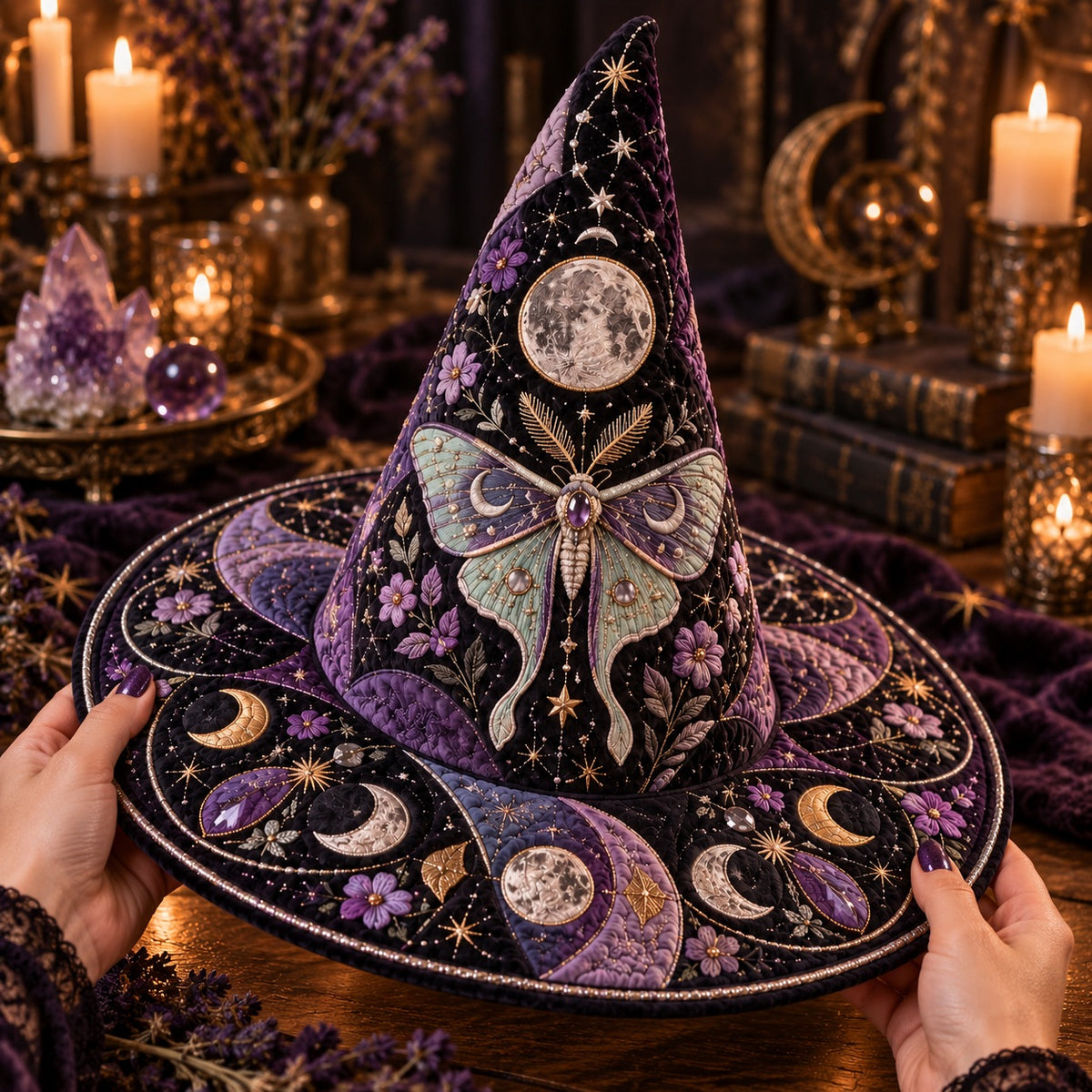 Violet Moth Quilted Witch Hat – Luna Moth Celestial Wide Brim Hat – held in both hands