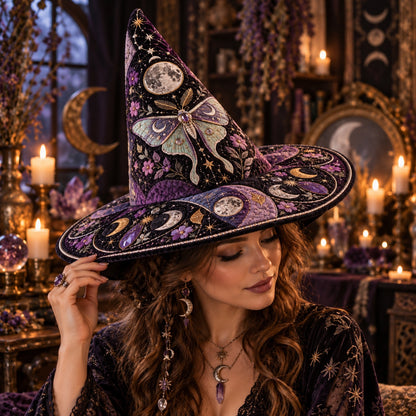Violet Moth Quilted Witch Hat – Luna Moth Celestial Wide Brim Hat – worn by a model