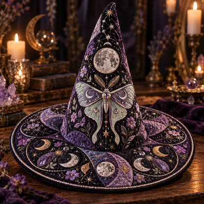 Violet Moth Quilted Witch Hat – Luna Moth Celestial Wide Brim Hat – styled with candles and crystals
