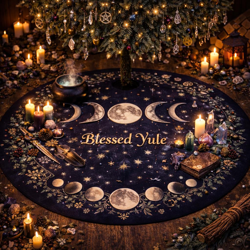 Dark Gothic velvet tree skirt with "Blessed Yule," triple moon, and celestial phases under a decorated tree.