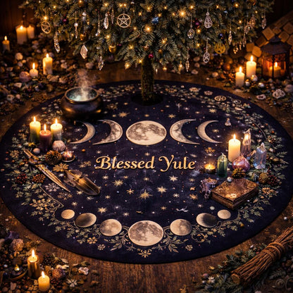 Dark Gothic velvet tree skirt with "Blessed Yule," triple moon, and celestial phases under a decorated tree.