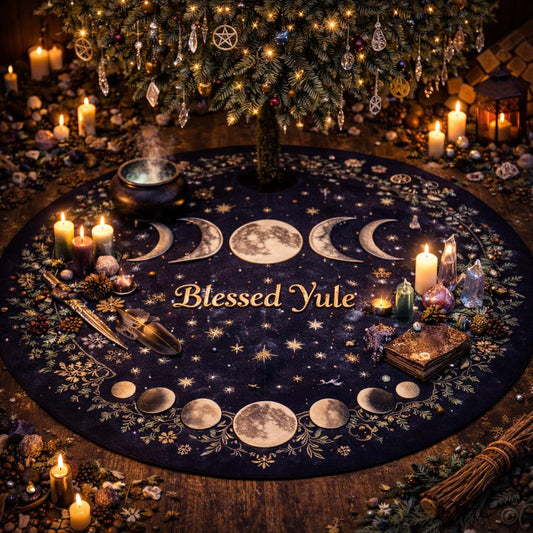 Dark Gothic velvet tree skirt with "Blessed Yule," triple moon, and celestial phases under a decorated tree.