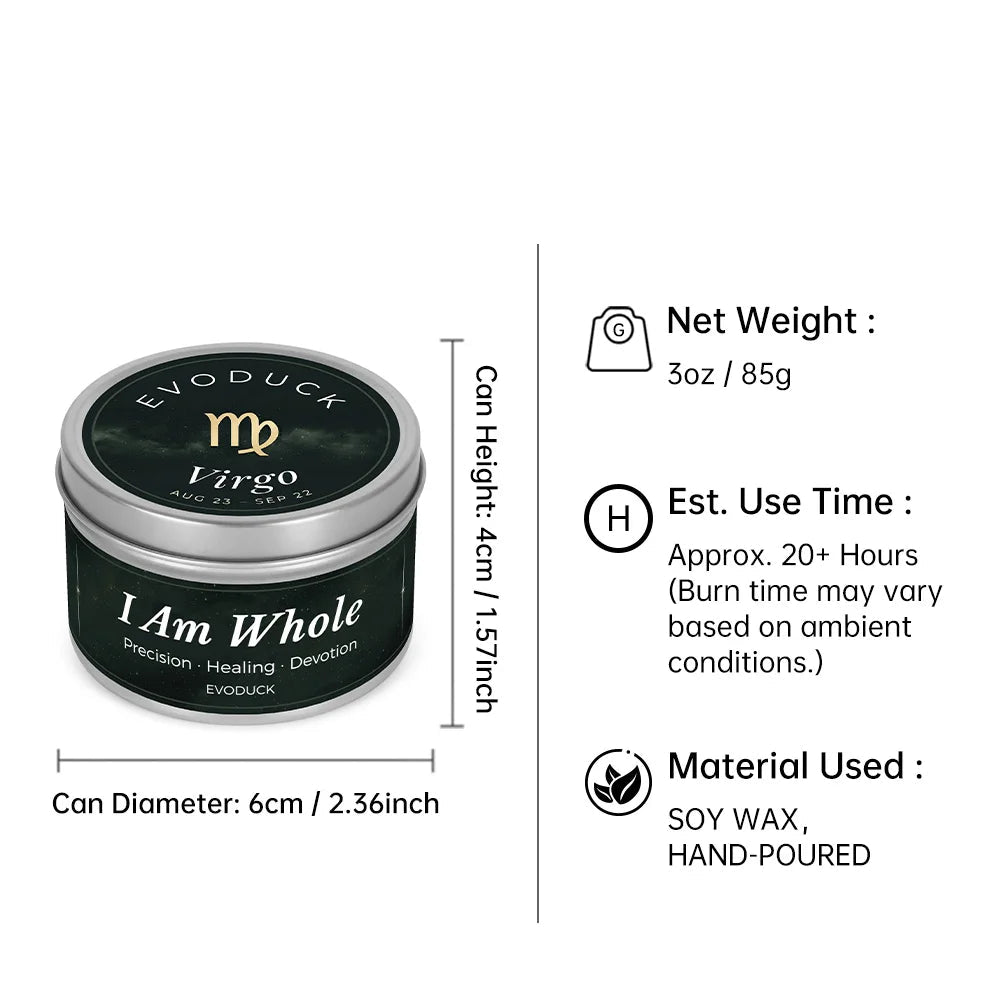 Virgo Candle size specifications infographic - 3oz soy wax candle, 20 hour burn time, hand-poured
