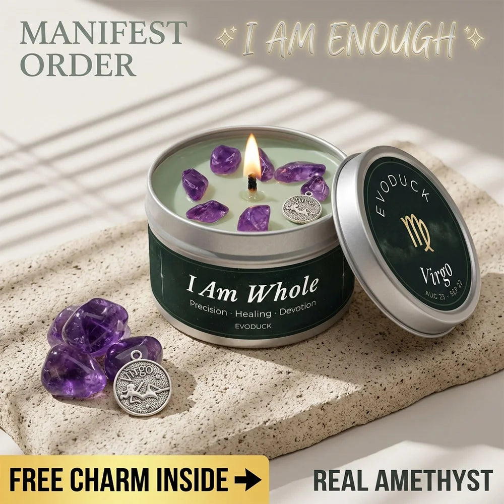Virgo Candle I Am Whole with amethyst crystal chunks and Virgo charm on sunlit table - Manifest Order, Real Amethyst, Free Charm Inside