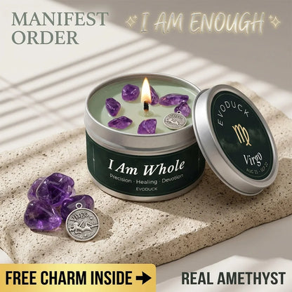 Virgo Candle I Am Whole with amethyst crystal chunks and Virgo charm on sunlit table - Manifest Order, Real Amethyst, Free Charm Inside