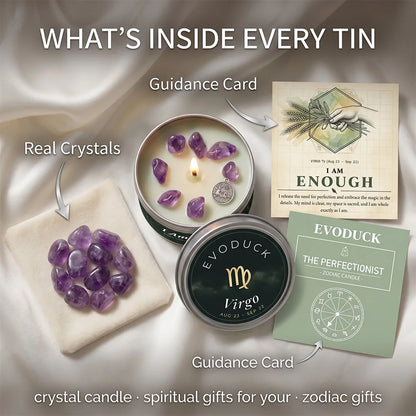 What's Inside Every Tin - Virgo Candle with real amethyst crystals and I Am Enough, The Perfectionist guidance cards