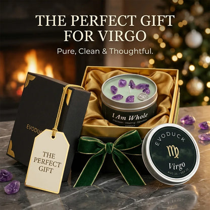 Virgo Candle gift box with green velvet ribbon and gift tag by a fireplace - The Perfect Gift for Virgo, Pure Clean and Thoughtful