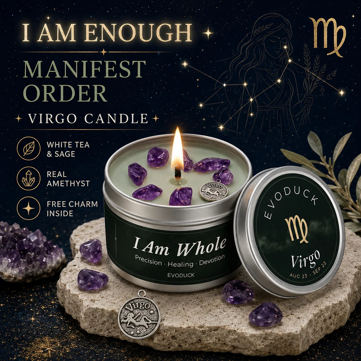 Virgo Zodiac Candle I Am Whole with amethyst crystals and Virgo charm - White Tea and Sage, Manifest Order, Free Charm Inside