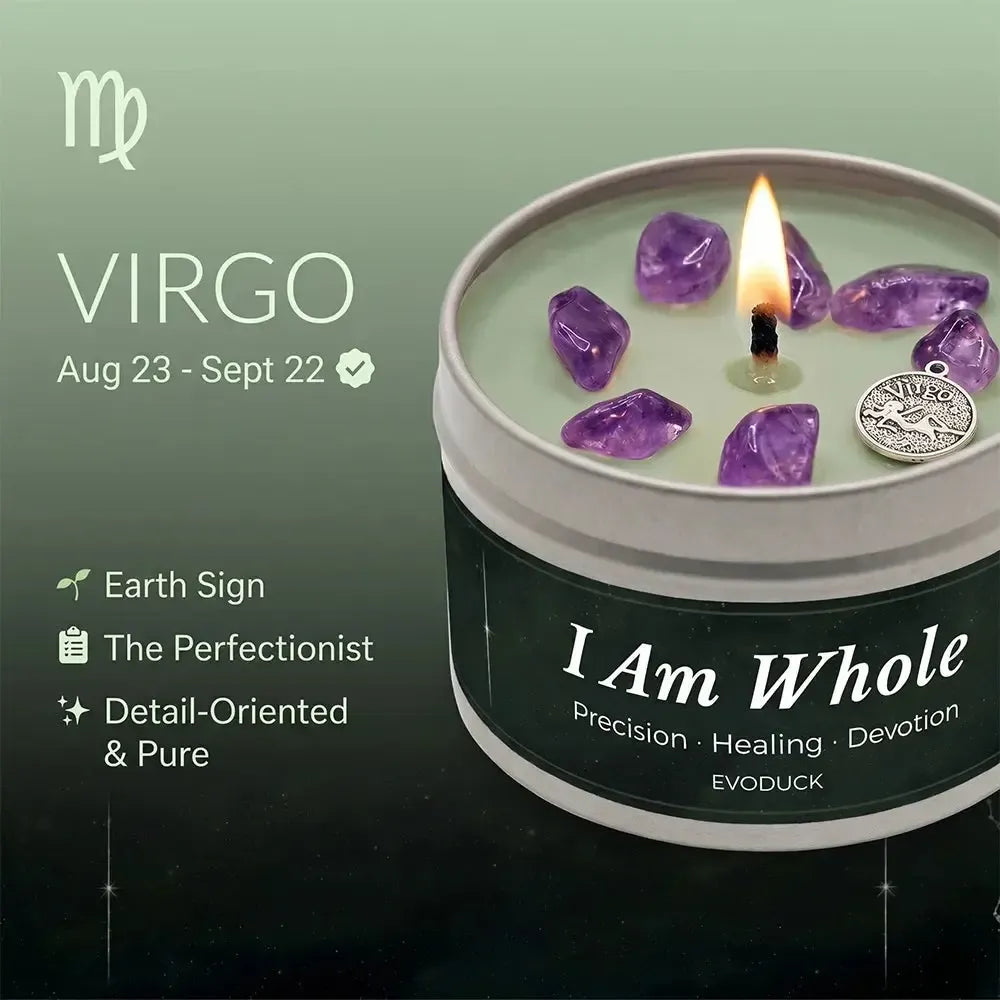 Virgo Zodiac Candle, Aug 23 to Sept 22, with amethyst crystals in wax - Earth Sign, The Perfectionist, Detail-Oriented and Pure