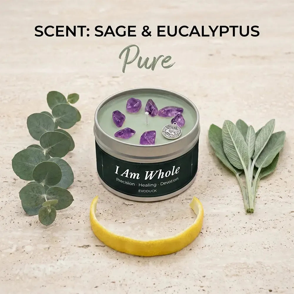 Virgo Candle I Am Whole with eucalyptus leaves and fresh sage sprigs - Scent Sage and Eucalyptus, Pure