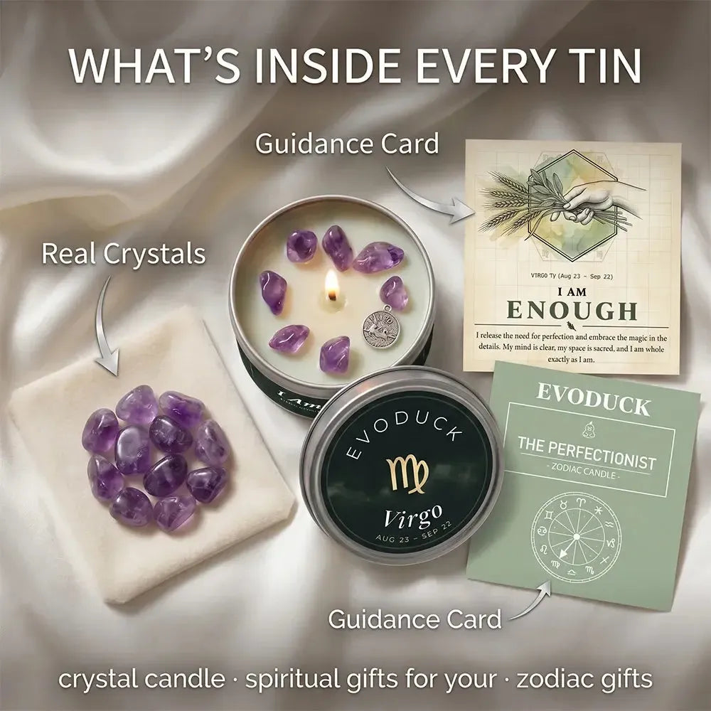 What's Inside Every Tin - Virgo Candle with real amethyst crystals and I Am Enough, The Perfectionist guidance cards
