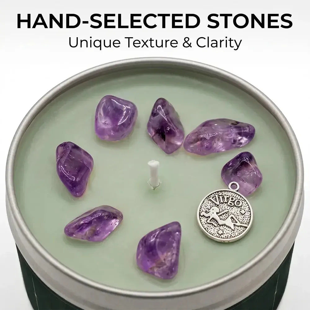 Close-up of Virgo Candle green wax with amethyst crystal chunks and a Virgo charm - Hand-Selected Stones, Unique Texture and Clarity