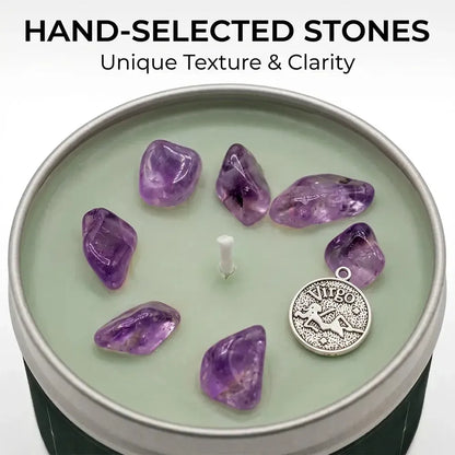 Close-up of Virgo Candle green wax with amethyst crystal chunks and a Virgo charm - Hand-Selected Stones, Unique Texture and Clarity