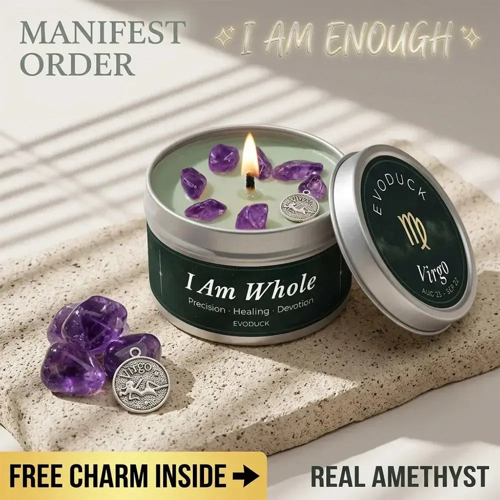 Virgo Candle I Am Whole with amethyst crystal chunks and Virgo charm on sunlit table - Manifest Order, Real Amethyst, Free Charm Inside