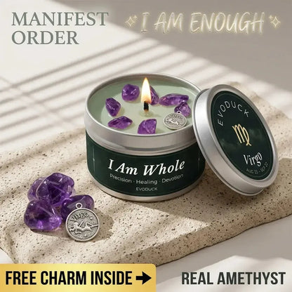 Virgo Candle I Am Whole with amethyst crystal chunks and Virgo charm on sunlit table - Manifest Order, Real Amethyst, Free Charm Inside