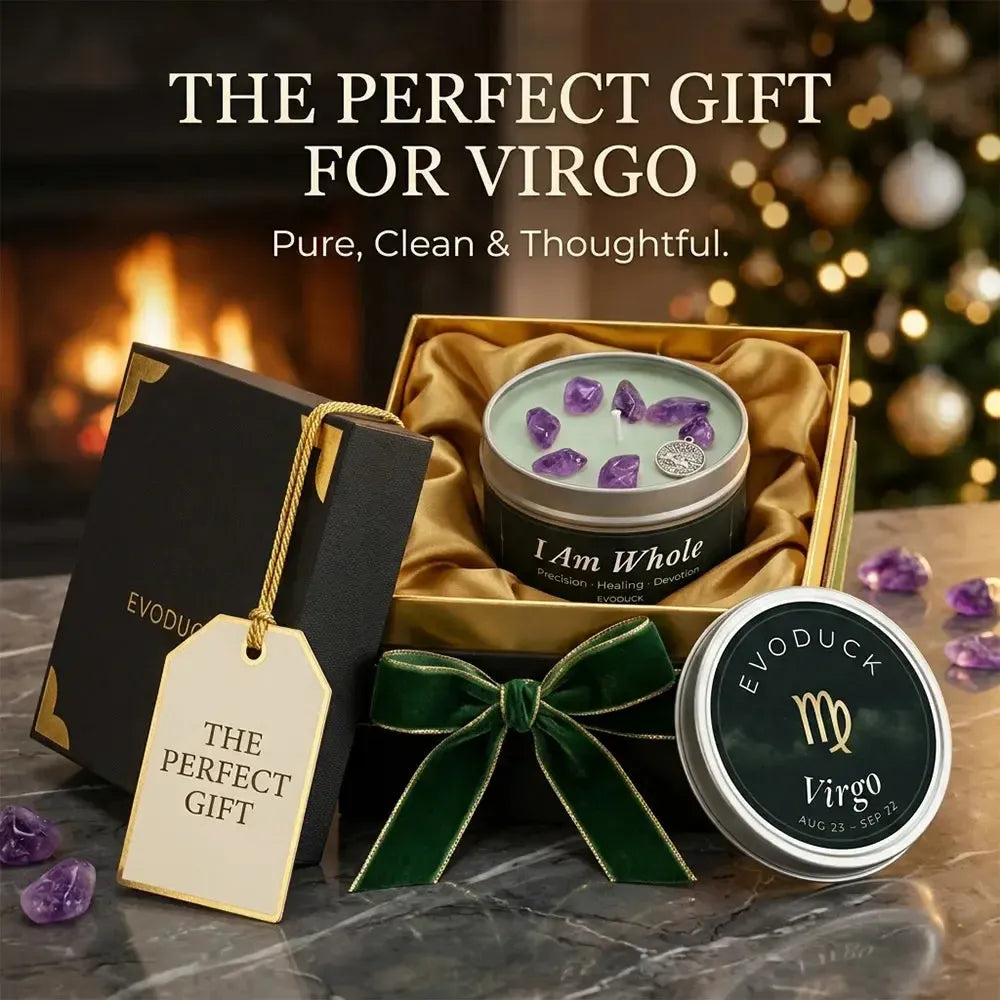 Virgo Candle gift box with green velvet ribbon and gift tag by a fireplace - The Perfect Gift for Virgo, Pure Clean and Thoughtful