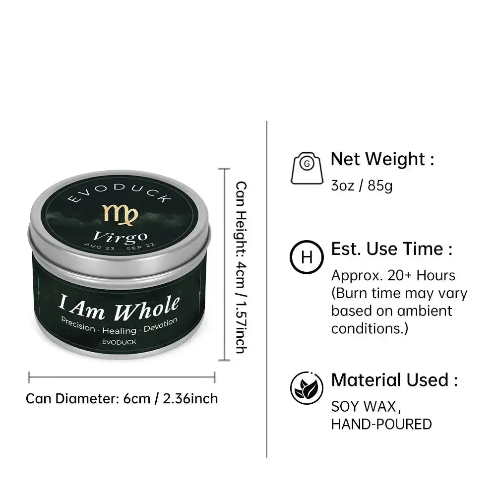 Virgo Candle size specifications infographic - 3oz soy wax candle, 20 hour burn time, hand-poured