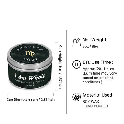 Virgo Candle size specifications infographic - 3oz soy wax candle, 20 hour burn time, hand-poured